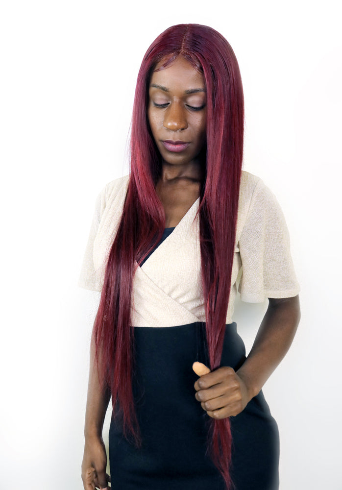 Perruque Cheveux Remy Rouge Bordeaux avec Lace Frontale HD - Ivy