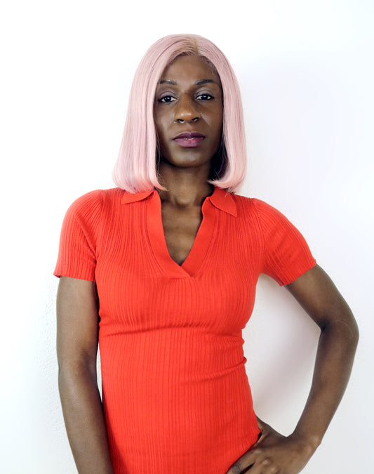 Perruque Cheveux Remy Lisses Roses au Carré, Noeud Blanchi & Lace HD - Cerise