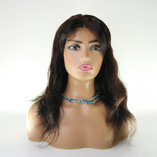 Perruque Ondulée Noir Naturel 18" - Cheveux Brésiliens, Lace Frontale HD 13x6, 250%