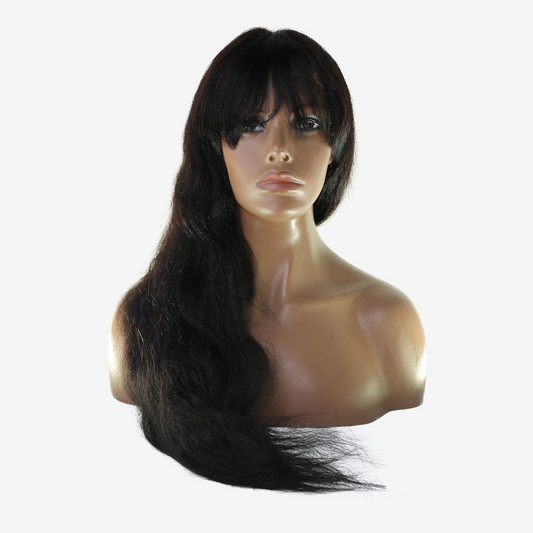 Perruque à Frange Noir Naturel – Cheveux Brésiliens Légèrement Ondulés 250%